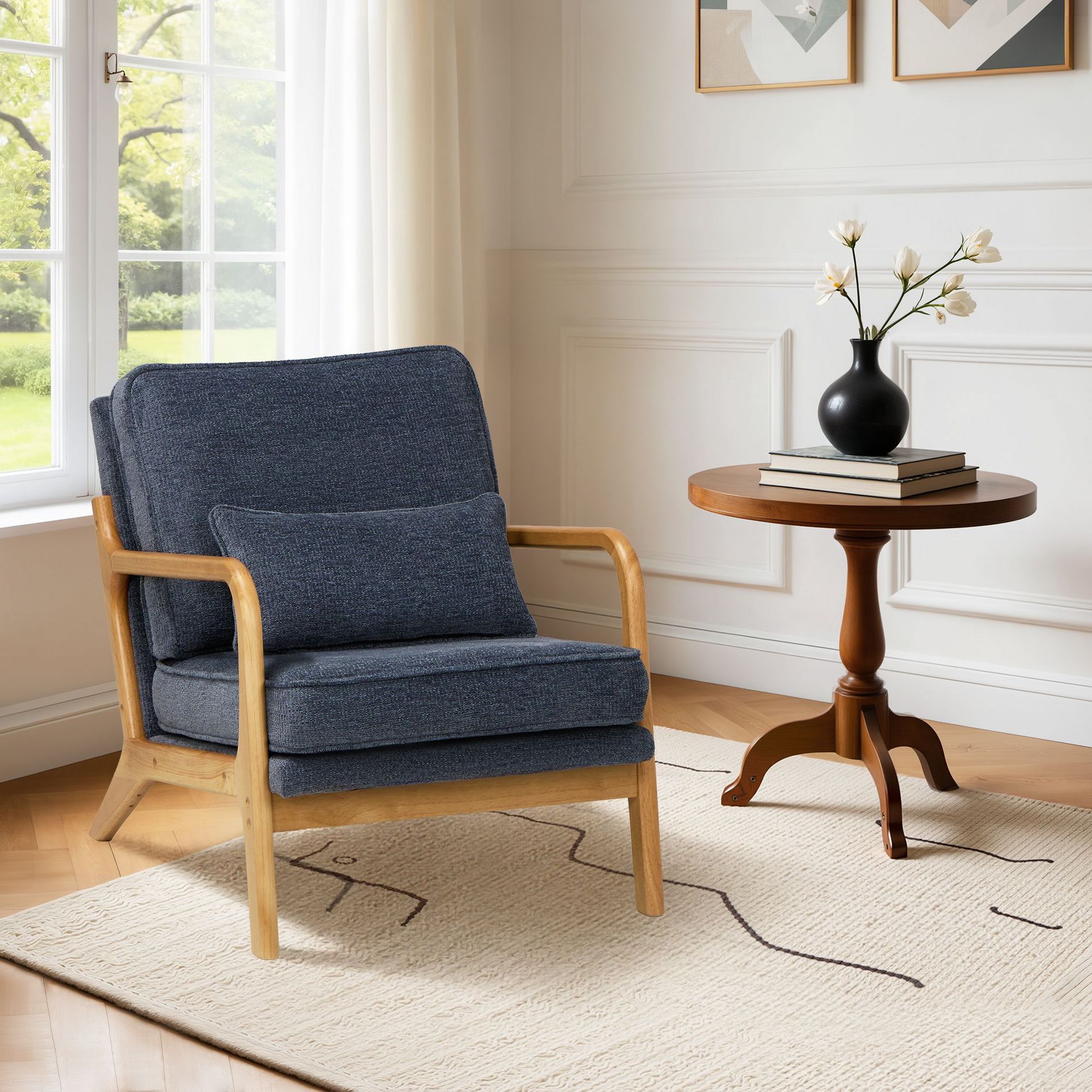 Ora Maison Blue Modern Accent Chair with Lumbar Pillow and Wooden Frame, Perfect for Living Room or Office