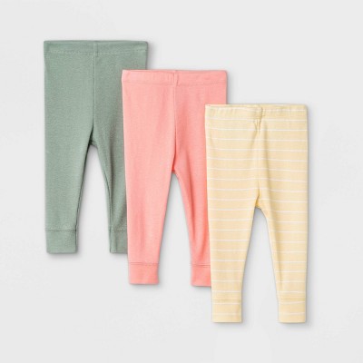 Image of Baby Girls' 3pk Solid and Striped Pull-On Pants - Cloud Island™ Yellow/Pink/Green 0-3M