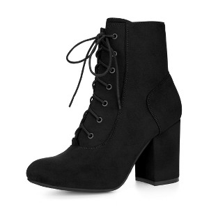 Allegra K Women's Lace Up Quilted Side Zip Soft Lining Chunky Heel Ankle Booties - 1 of 4