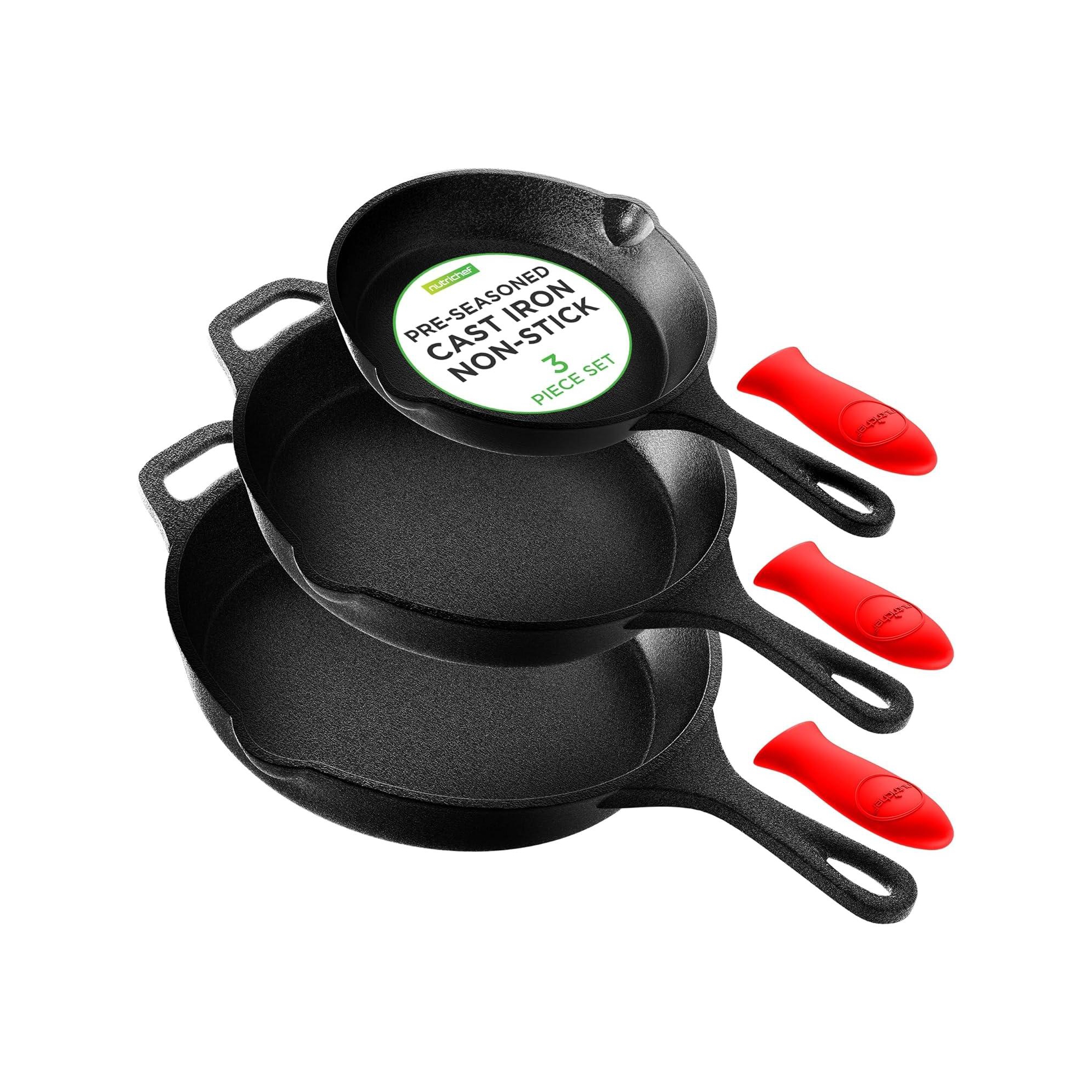 NutriChef 3-Piece Cast Iron Skillet Pan Set - Pre-Seasoned with Cool-Touch Handles - Black