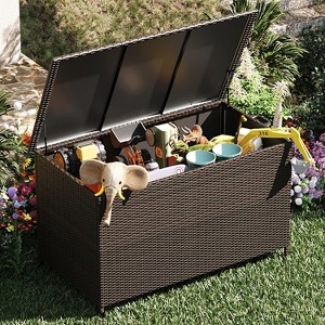 185-Gal Weatherproof Wicker Deck Box with Wheels & Handle, Oversized Outdoor Storage Container for Pool Toys, Garden Tools, Balcony/Patio Use - 1 of 4