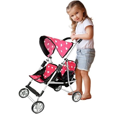 Pink Hearts Twin Doll Stroller with Large Canopy