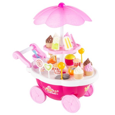 Toy Time Kids' Mini Ice Cream Cart Food Stand With Music, Lights, and Plastic Food - Pink