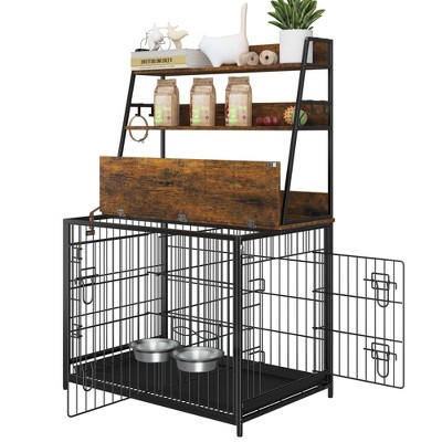 57 Inch Dog Crate Furniture with Storage Shelves, Wooden Dog House Indoor, 3-Tier Organizer & Removable Tray
