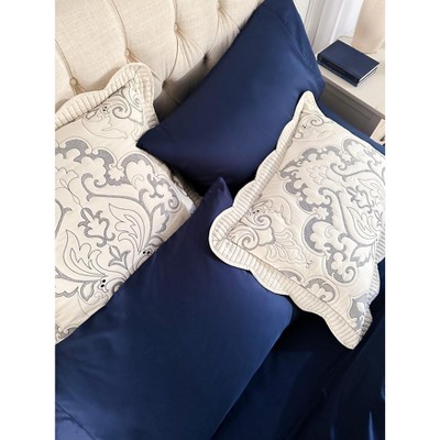 Navy Full Embroidered Polyester Damask Sheet Set