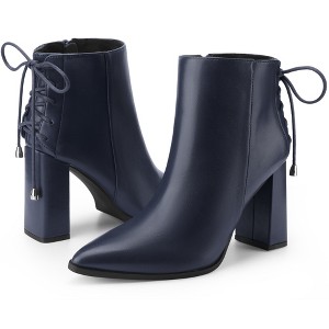 BLISSFUL STEP Women's Pointed Toe Chunky Heel Back Lace Up Ankle Boots - 1 of 3