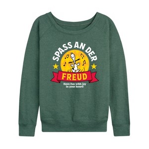 Women's - Peanuts - Snoopy Spass An Der Freud Lightweight French Terry Wide Neck Long Sleeve Shirt - 1 of 4