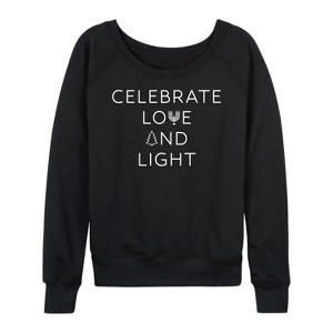 Women's - Instant Message - Celebrate Love And Light Lightweight French Terry Wide Neck Long Sleeve Graphic Shirt - 1 of 4