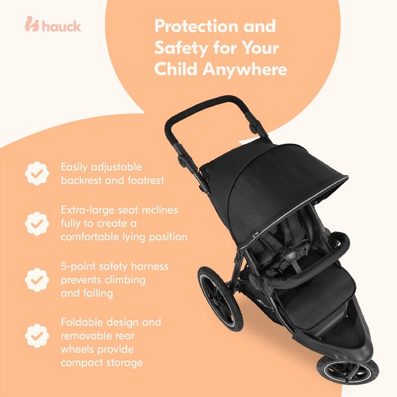 hauck Runner 2 Compact Foldable Tricycle Jogger Buggy Stroller Pushchair with Height-Adjustable Handle, Large Pneumatic Wheels, & UPF 50 Canopy, Black, 6 of 8