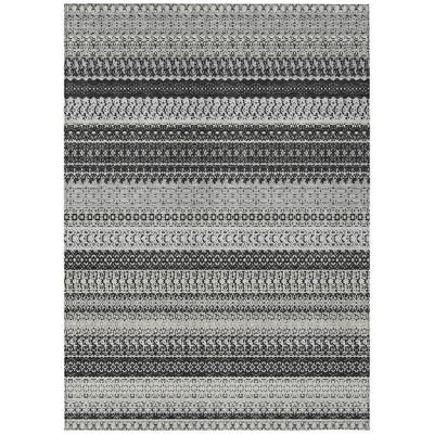 8' Black Round Striped Washable Indoor Outdoor Area Rug