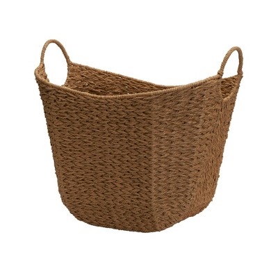 Household Essentials Tall Scoop Basket Seagrass Natural: Handwoven Decorative Storage with Handles, Large Rectangle Wicker