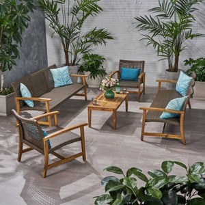 Christopher Knight Home Savannah Outdoor Acacia Wood and Wicker 8 Seater Sofa Chat Set - 1 of 4