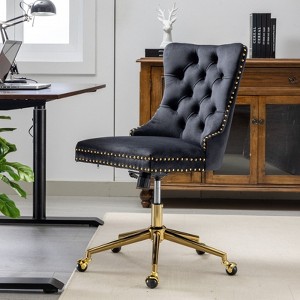 CAVINAS Modern Office Desk Chair, Furniture Office Chair, Velvet Upholstered Tufted Button Home Office Chair with Golden Metal Base - 1 of 4