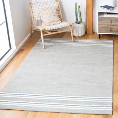 Grey and Blue Striped Wool 4' x 6' Handmade Tufted Rug