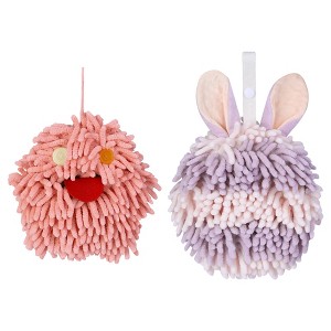 REGALWOVEN 2 Packs Fluffy Chenille Rabbit Shape Cute Soft Absorbent Hanging Ball Hand Towels 7" x 7" - 1 of 4