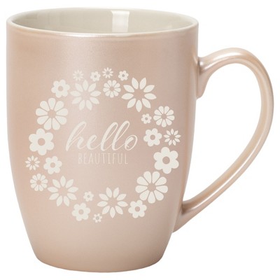 Elanze Designs Flower Wreath Hello Beautiful 10 Ounce Ceramic Laser-Etched Engraved Drinkware Mug, Metallic Precious Pearl