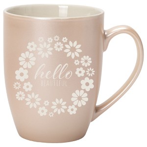 Elanze Designs Flower Wreath Hello Beautiful 10 Ounce Ceramic Laser-Etched Engraved Drinkware Mug, Metallic Precious Pearl - 1 of 4
