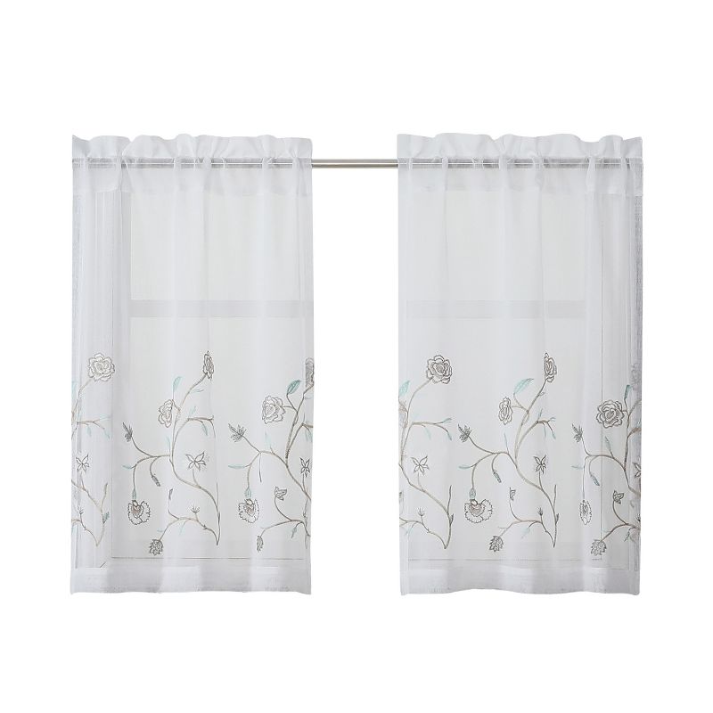 Kate Aurora Complete 3 Piece Embroidered Shabby Floral Roses Sheer Cafe Kitchen Curtain Tier & Valance Set, 3 of 5