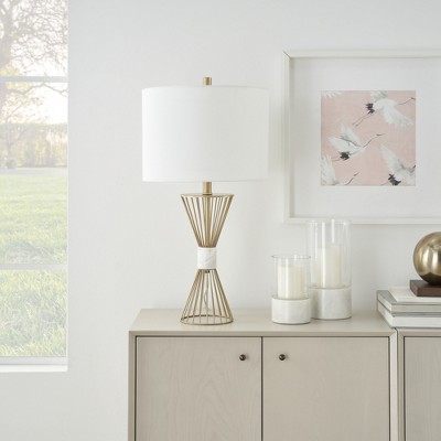 Gold Metal and Marble Wire Triangle Table Lamp with Drum Shade