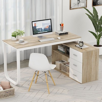 FUFU&GAGA Adjustable L Shaped Study Table Storage Drawers