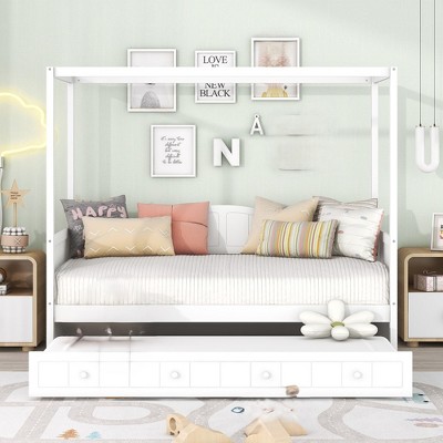 Twin Size Bed Frame With Trundle Bed , Solid Wooden Bed Frame Heavy Duty Slat Mattress Foundation Wooden Extendable Daybed For Living Room Bedroom
