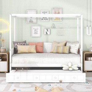 Twin Size Bed Frame With Trundle Bed , Solid Wooden Bed Frame Heavy Duty Slat Mattress Foundation Wooden Extendable Daybed For Living Room Bedroom - 1 of 4