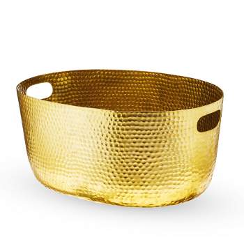 Twine Gold Hammered Tub, Large Drink Bucket, Metal Ice Tub, 12.5 x 17 x 9 Inches, 4 Gallon Capacity, Gold, Set of 1