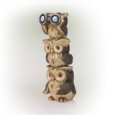 Solar-Powered Brown Polyresin Stacked Owl Lawn Decoration with LED Lights