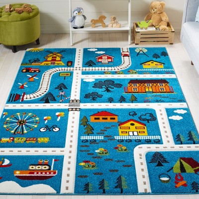 Blue and Beige 9' x 12' Stain-Resistant Kids Rug