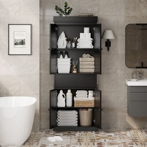 69" High Pantry, Slim Wood Kitchen Storage Cabinet with Drawers, 2 Adjustable Shelves and 4 Rattan Doors, Farmhouse Cabinet for Dining Room,  Office - 1 of 4