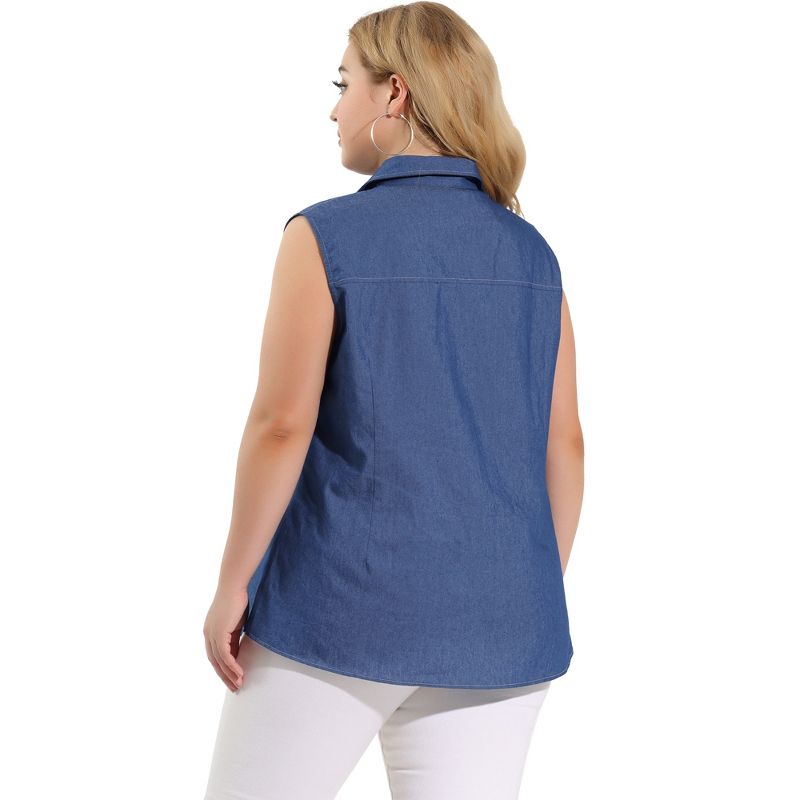 Agnes Orinda Women's Plus Size Pocket Sleeveless Button Down Work Summer Chambray Blouses, 5 of 7