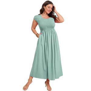 Women's Plus Size Maternity Maxi Dress Summer Casual Round Neck Short Sleeve Smocked High Waist Maxi Dresses with Pockets - 1 of 4