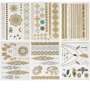 Wrapables Celebrity Inspired Temporary Tattoos in Metallic Gold Silver and Black (6 Sheets), Large - 1 of 4