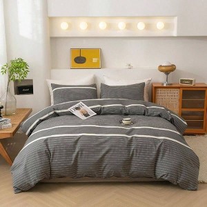 Set of 3 Duvet Cover Set, King, 100 Washed Cotton, Grey Stripes, Ultra Soft - 1 of 4