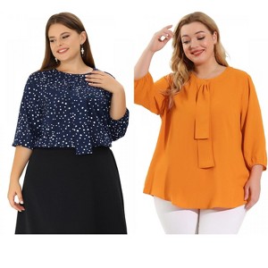 Women's Plus Size 2 Pieces 3/4 Sleeves Round Neck Ruffle Chiffon Work Blouse - Agnes Orinda - 1 of 4