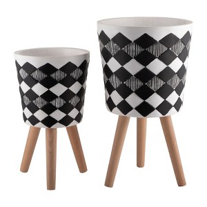 Gulches 2 Piece Ceramic Aztec Planters w/ Saucers, Sizes 4.5x4.5x4.5" & 6x6x5.75" - Perfect for Hall, Bedroom, Florist etc. - 1 of 4