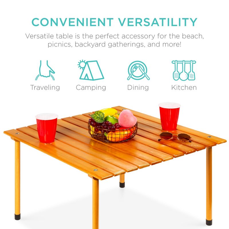 Best Choice Products 28x28in Foldable Indoor Outdoor Portable Wooden Table for Picnics, Camping, Beach w/ Carrying Case, 3 of 8
