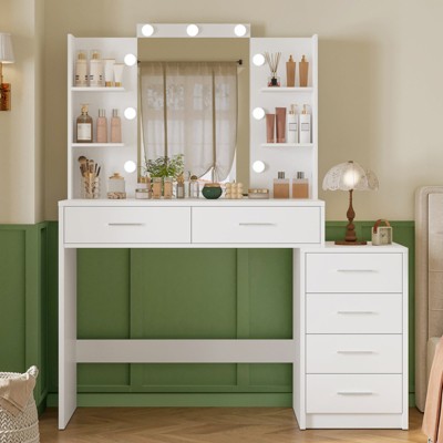 Usikey Large Vanity Desk with Mirror & Lights, Makeup Vanity Table with 6 Drawers, 4 Open Storage Shelves, Vanity Desk Set with Stool, White