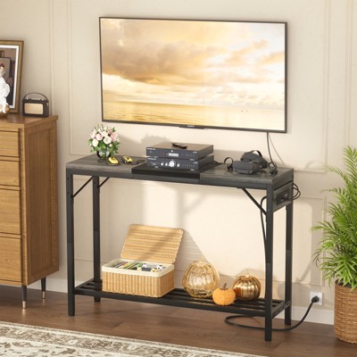 Aheaplus Console Table with Charge Station, Sofa Side Table with Storage Shelves for Living Room