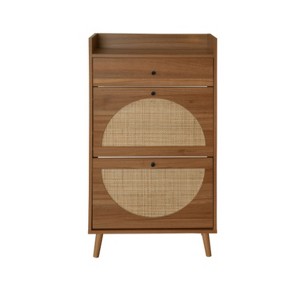 TIRAMISUBEST Farmhouse Shoe Cabinet - 2-Door Walnut & Rattan (23"W x 43"H) - 1 of 4