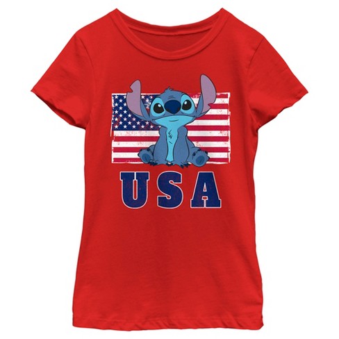 Girl's Lilo & Stitch Distressed Red, White, and Blue T-Shirt - Red - Small