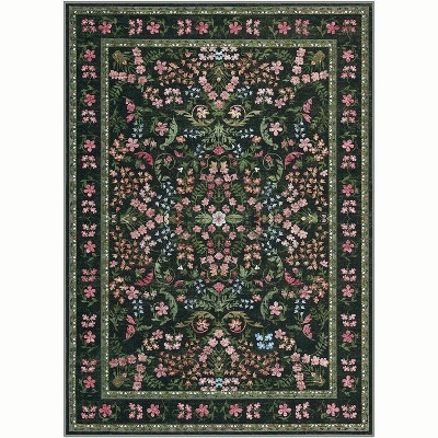 Vintage Floral Washable Rug, Non-Slip Rubber Backing Low Pile Carpet, Foldable Accent Mat for Living Room & Bedroom