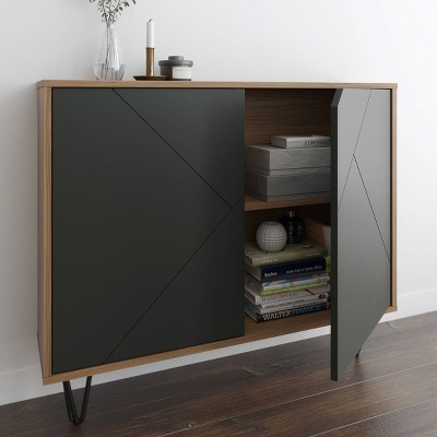 Nutmeg and Charcoal Grey Slim 2-Door Storage Cabinet with Adjustable Shelving