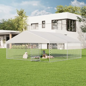 EROMMY 13'X13' Large Outdoor Dog Kennel, Heavy Duty Outdoor Dog Kennel With Waterproof Cover And Rotating Feeder - 1 of 4