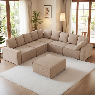 XIZZI Modular Corduroy Sectional Sofa: 5 Sold-Separately Units (Corner, Arms, Ottoman) | Black/Camel | Standard/Large Cushion Options | DIY Friendly
