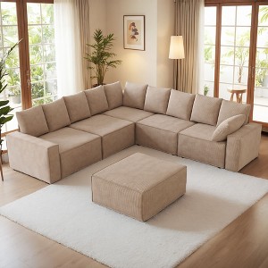 XIZZI Modular Corduroy Sectional Sofa: 5 Sold-Separately Units (Corner, Arms, Ottoman) | Black/Camel | Standard/Large Cushion Options | DIY Friendly - 1 of 4