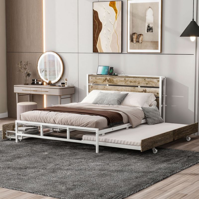 Full/Queen Size Metal Platform Bed With Sockets and USB Ports 4M - ModernLuxe, 1 of 10