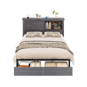 AMERLIFE 47.2" H Bed Frame with Bookcase Headboard, Charging Station, 2 Drawers - 1 of 4
