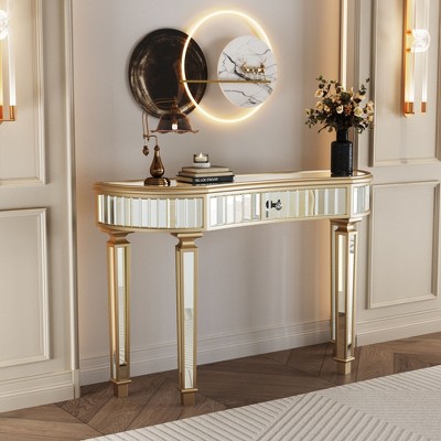 NicBex Half-Moon Shape Console Table with Mirrored Top, Entryway Table with Luted Glass & Knob Drawer, Side Table for Living Room, Entryway