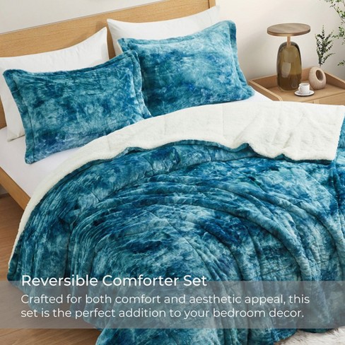 Peace Nest 3 Piece Winter Reversible Comforter Set Faux Shearling Ultra Soft Minky Plush and Fuzzy Fleece Microfiber Peacock Blue Medium Weight King